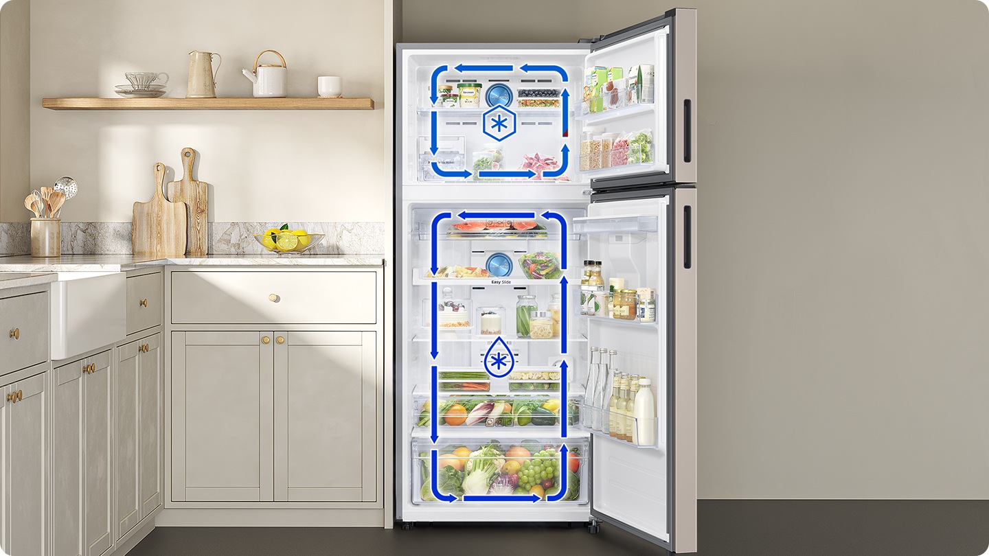 The door of the refrigerator is open. The arrows indicate that cold air is circulating in the top freezer and bottom fridge respectively.