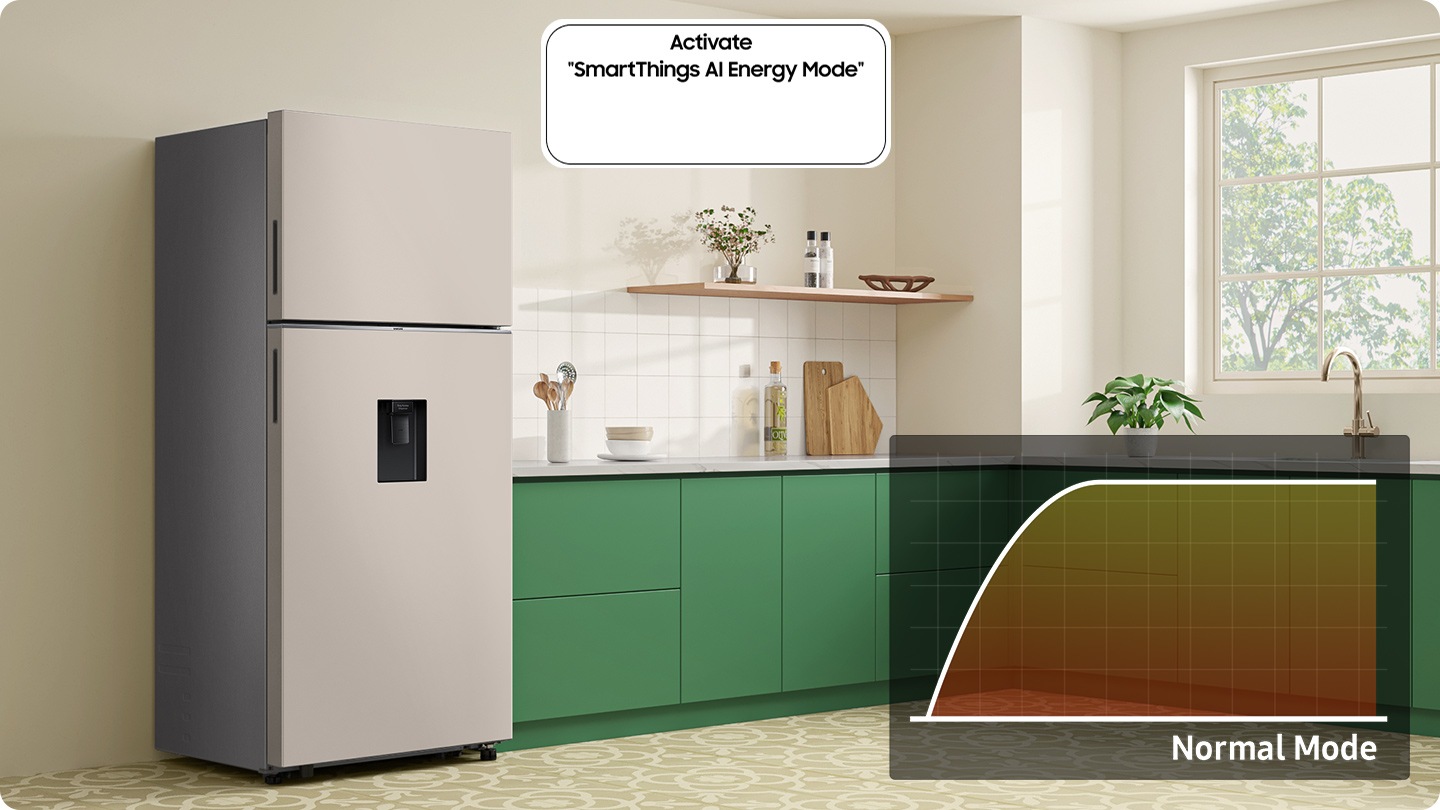The refrigerator installed in the kitchen with the Activate “SmartThings AI Energy Mode” button OFF. A graph shows energy usage of Normal Mode. 