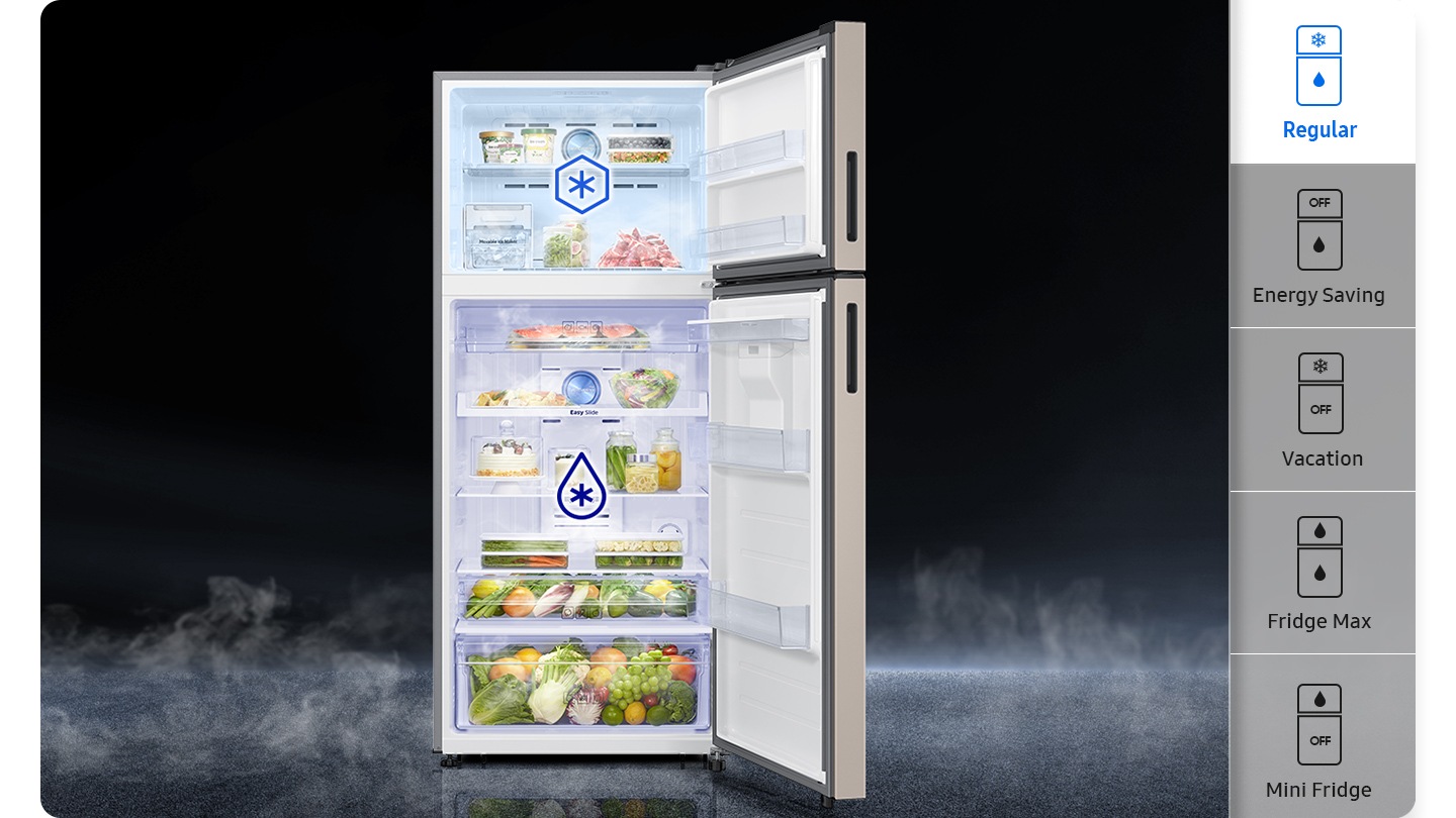 The 5 smart modes are available with the buttons inside the refrigerator. Regular (Both freezer and fridge ON), Energy Saving (freezer OFF, fridge ON), Vacation(freezer ON, fridge OFF), Fridge Max(Convert the freezer into a fridge and both fridge ON), and Mini Fridge(Convert the freezer into a fridge and power ON, bottom fridge OFF).