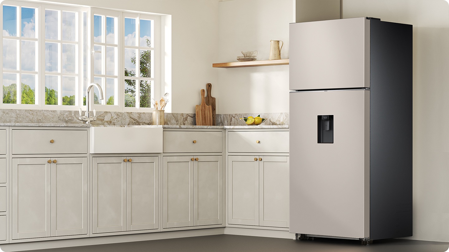 The sleek exterior of the refrigerator gives a clean look to the modern kitchen, with a flat finish.