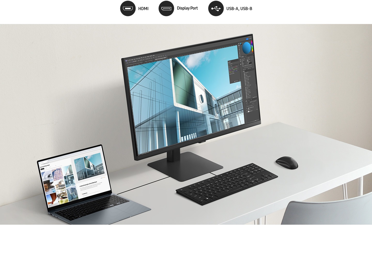A laptop, monitor, keyboard, mouse and mobile phone are all connected on a desk by a wire. Above the monitor, there are 3 icons, which are HDMI, Display port, USB-A and USB-B ports.
