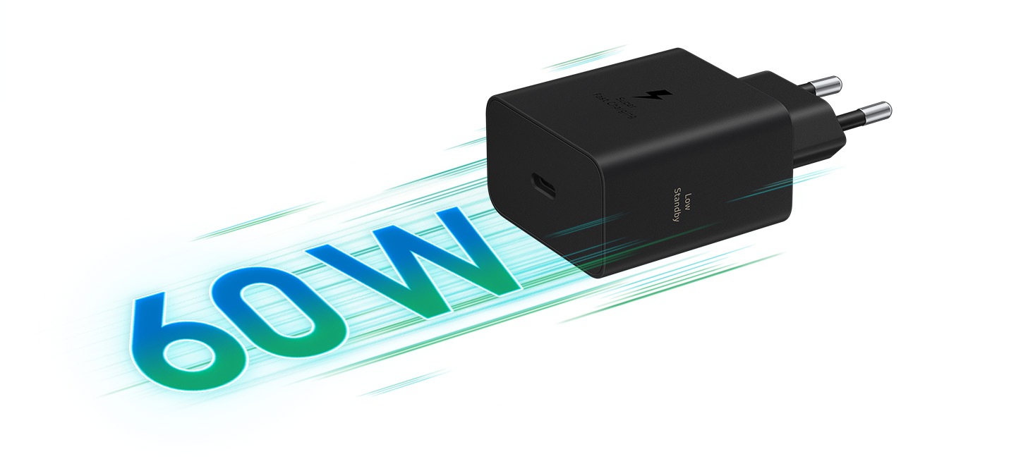 A black 60 W Power Adapter is lying sideways as if moving forward with green streaks behind it and text '60 W'. Text on the Power Adapter reads 'Super Fast Charging' and 'Low Standby'.