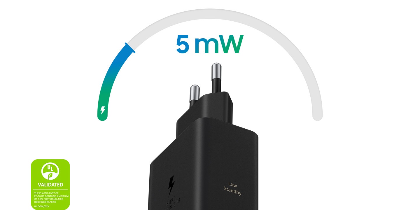 A black 60 W Power Adapter is placed facing upwards with text on the Power Adapter 'Low Standby' and text above '5 mW'. On the left, a UL Environmental Claim Validation Mark is shown that reads ‘VALIDATED. THE PLASTIC PART OF EP-T6010 CONTAINS A MINIMUM OF 3.5% POST-CONSUMER RECYCLED PLASTIC. UL.COM/ECV'.