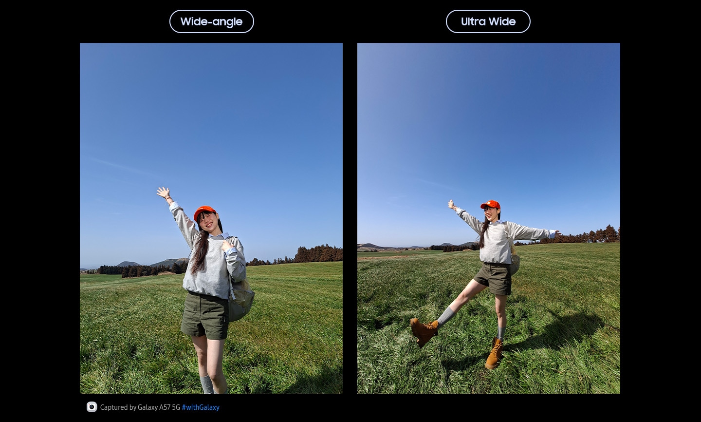 Two portrait photos of a young woman in the middle of an open grass field against the blue sky, taken with Galaxy A57 5G's Wide-angle Camera and Ultra Wide Camera. Photo details are enhanced with improved quality thanks to AI Segmentation. At the bottom is camera icon with text Captured by Galaxy A57 5G hashtag with Galaxy.