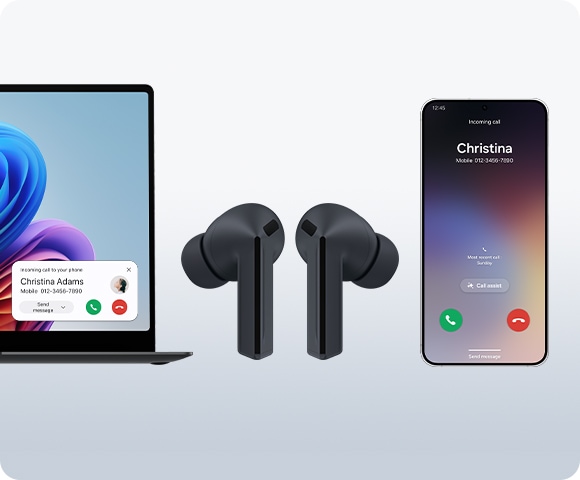 From left to right is a Samsung Galaxy Book laptop, Galaxy Buds3 FE in Black and a Samsung Galaxy S25. A call from the Samsung Galaxy S25 appears on the Samsung Galaxy Book laptop screen which is being used with Galaxy Buds3 FE via Auto Switch.