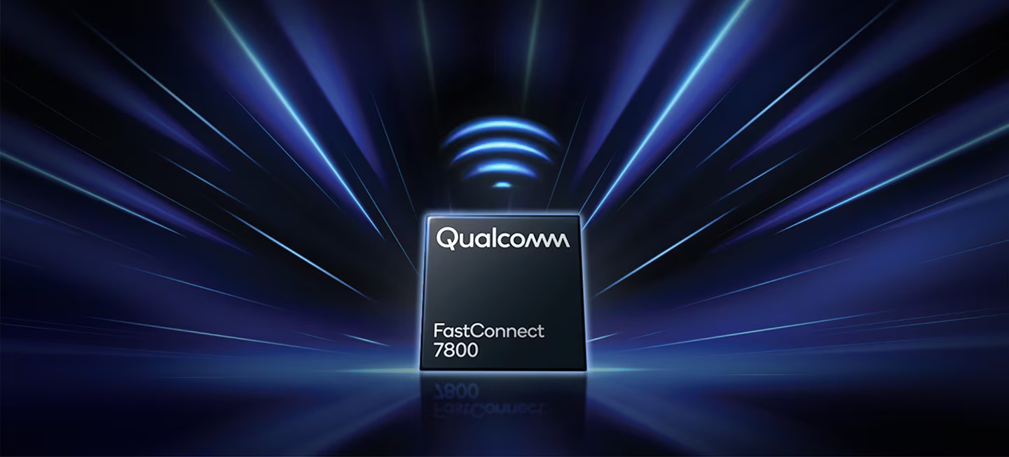 A Qualcomm FastConnect 7800 chip with a Wi-Fi signal icon above it, the background is radiating outward to represent fast wireless connectivity.
