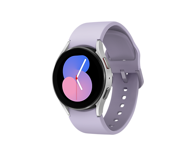 Srebrny smartwatch Galaxy Watch5  z kolorowym zegarem na tarczy