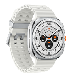 Tytanowy biały smartwatch Galaxy Watch Ultra od lewej 