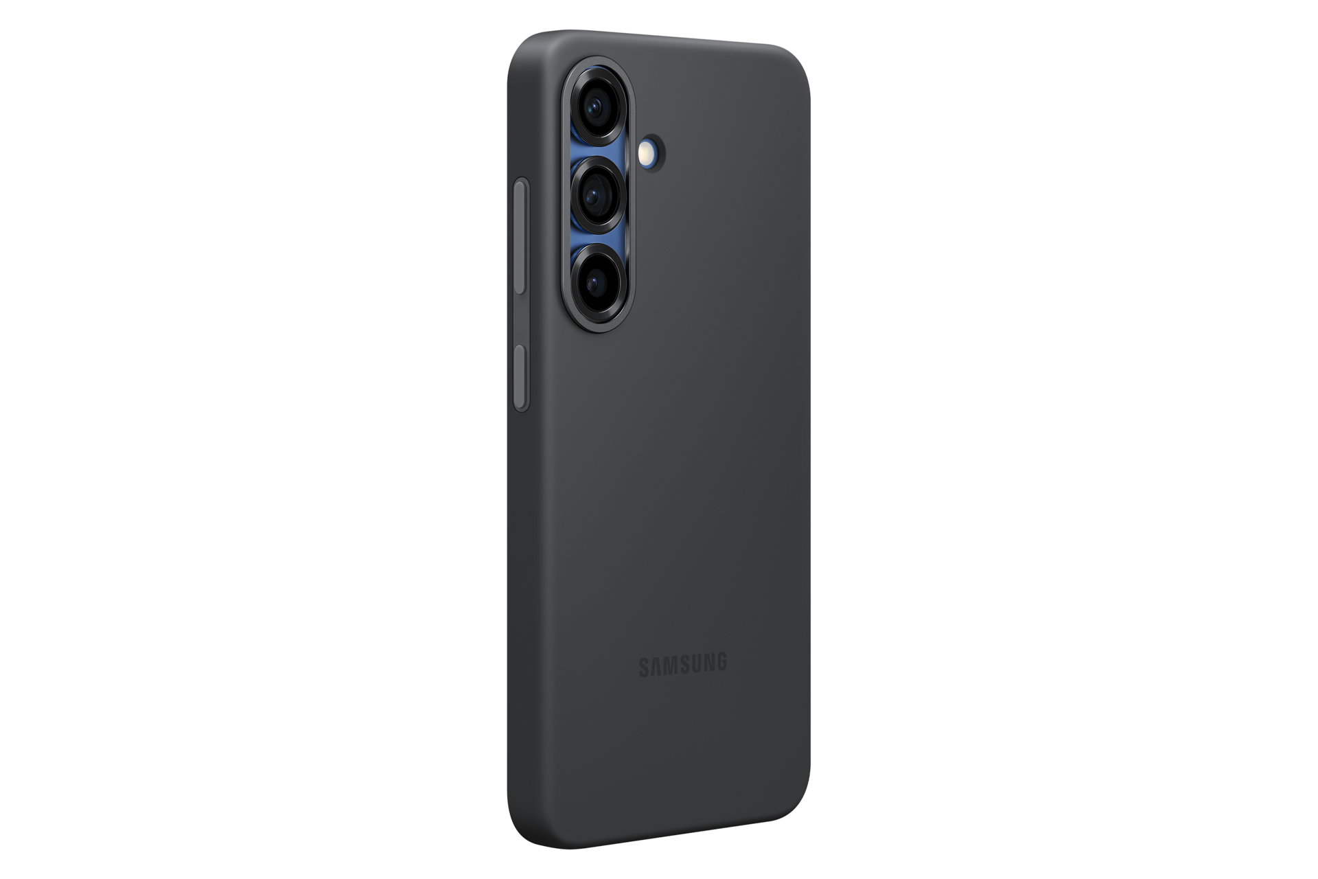 Smartfon w czarnym etui Silicone Case do Galaxy S25 tyłem