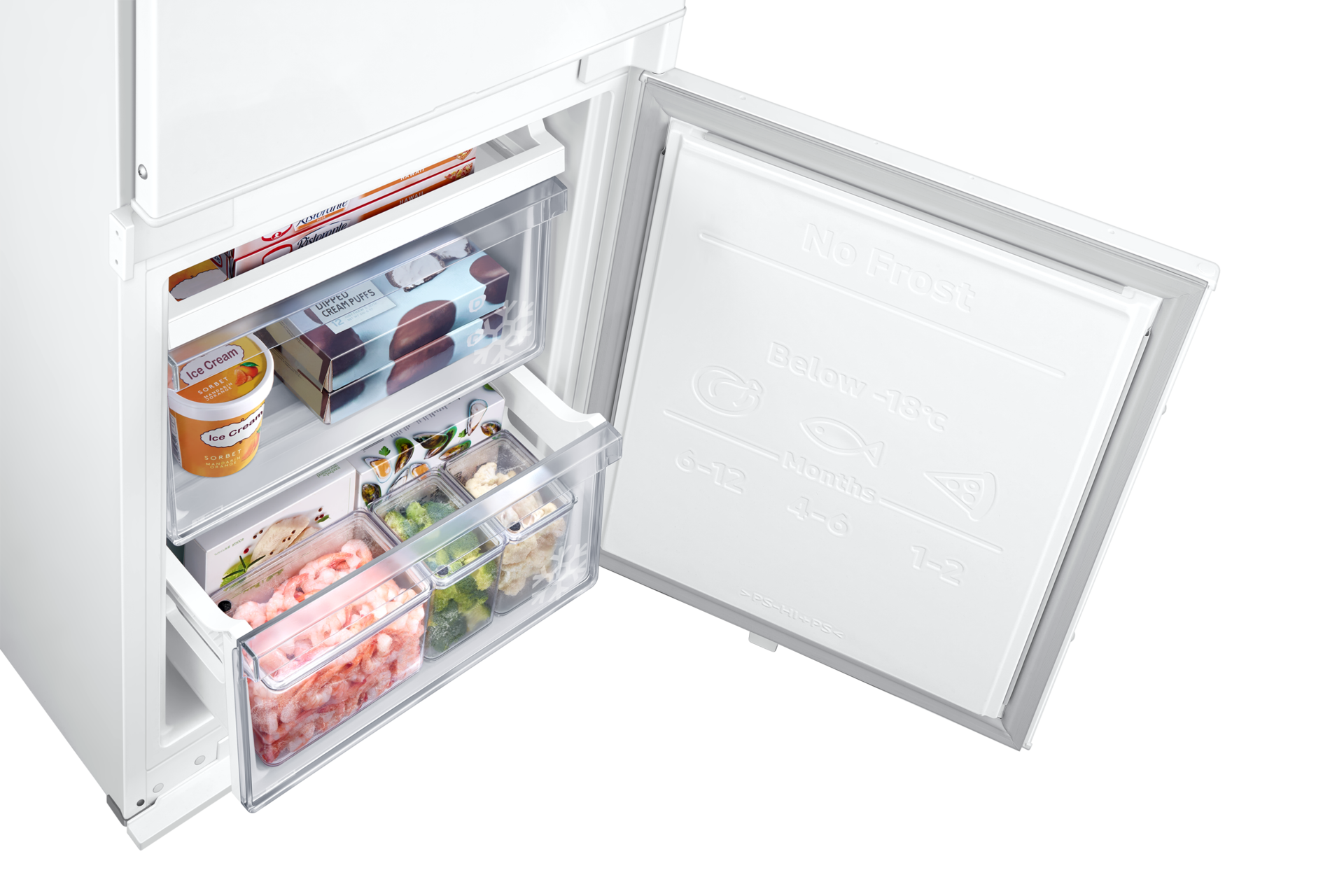 Pojemny zamrażalnik pomieści mnóstwo mrożonek i mięsa.