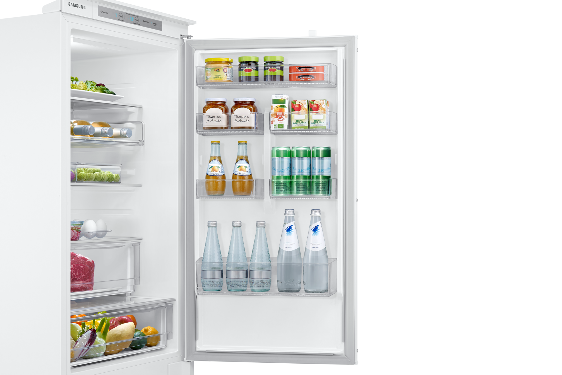 Zdjęcie przedstawia jedną z aranżacji półek na drzwiczkach lodówki Twin Cooling Plus Samsung BRB26705DWW/EF.