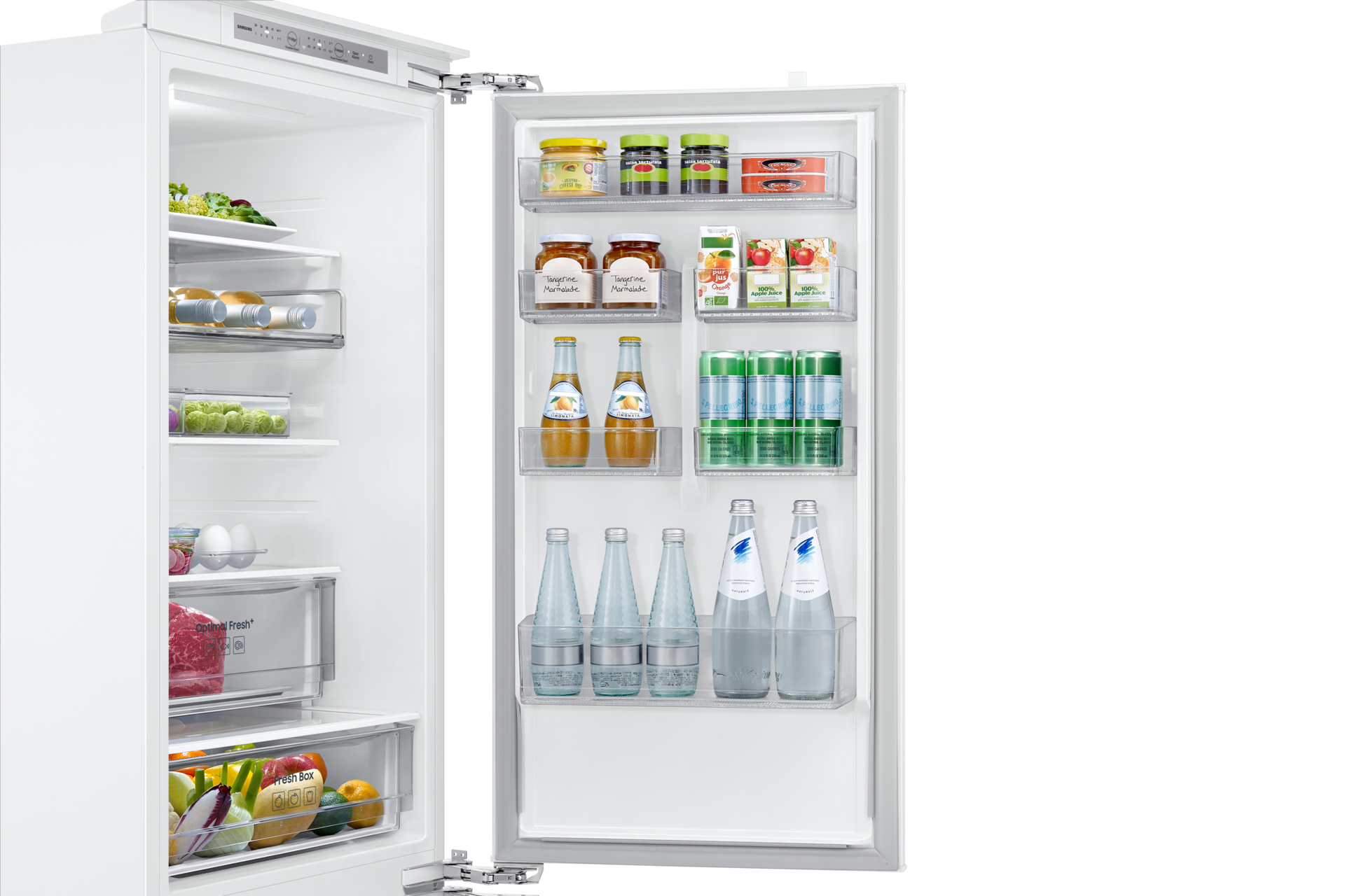 Lodówka do zabudowy AI z dolnym zamrażalnikiem biała BRB70F26CEF0EO, widok na półki na drzwiach lodówki