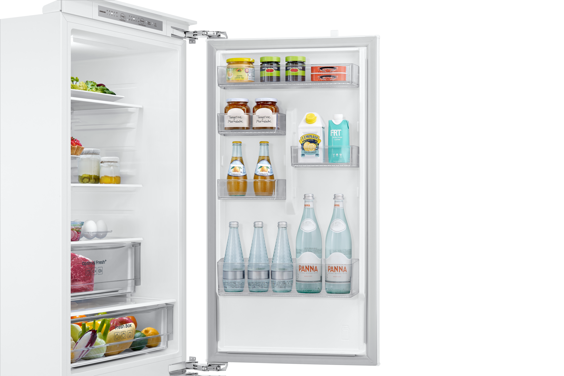 Lodówka do zabudowy AI z dolnym zamrażalnikiem biała BRB70F26DEF0EO, widok na półki na drzwiach lodówki