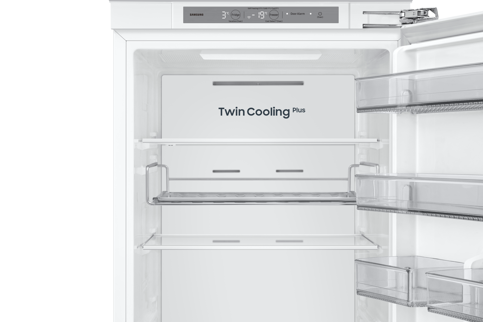 Wnętrze lodówki do zabudowy AI z dolnym zamrażalnikiem BRB70F30AEF0EO, widok na górne półki