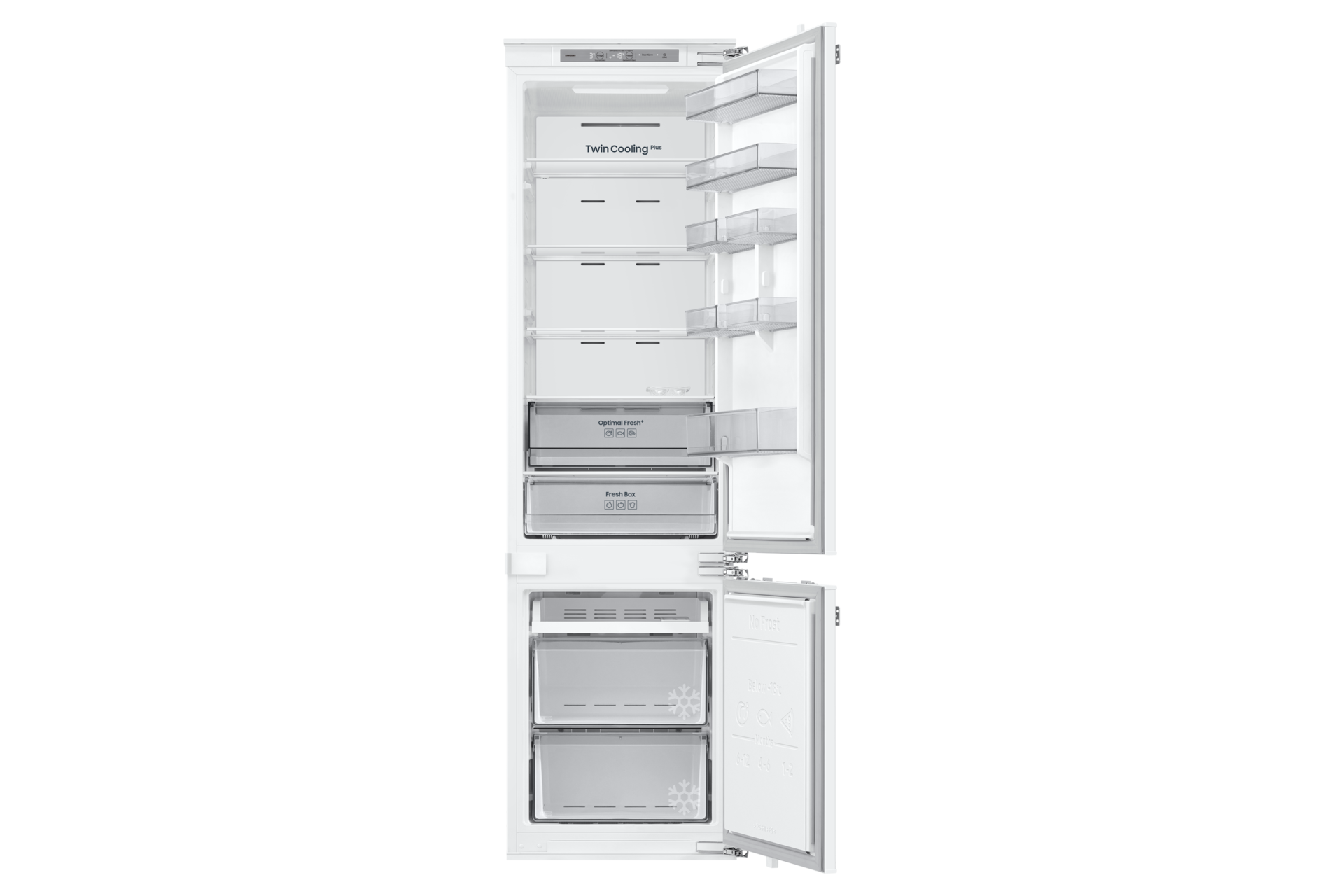 Lodówka do zabudowy AI z dolnym zamrażalnikiem biała BRB70F30BEF0EO z otwartymi drzwiczkami