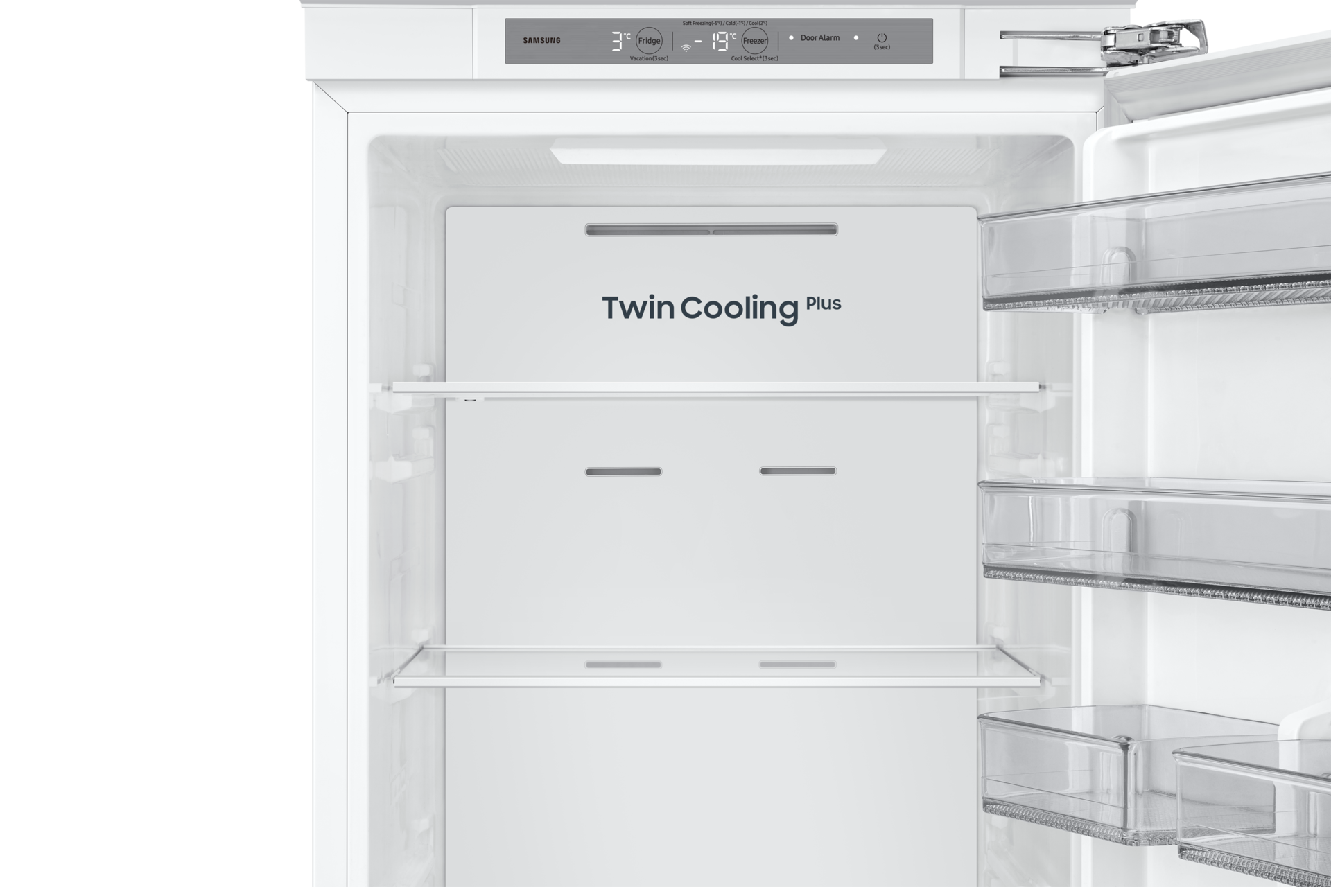 Wnętrze lodówki do zabudowy AI z dolnym zamrażalnikiem BRB70F30BEF0EO, widok na górne półki