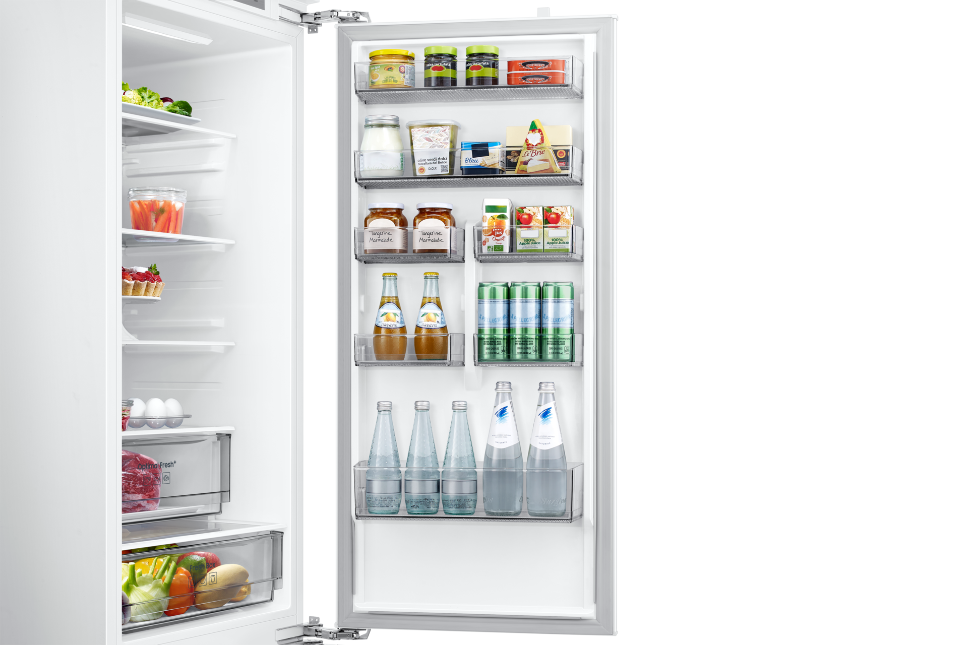 Lodówka do zabudowy AI z dolnym zamrażalnikiem biała BRB70F30BEF0EO, widok na półki na drzwiach lodówki