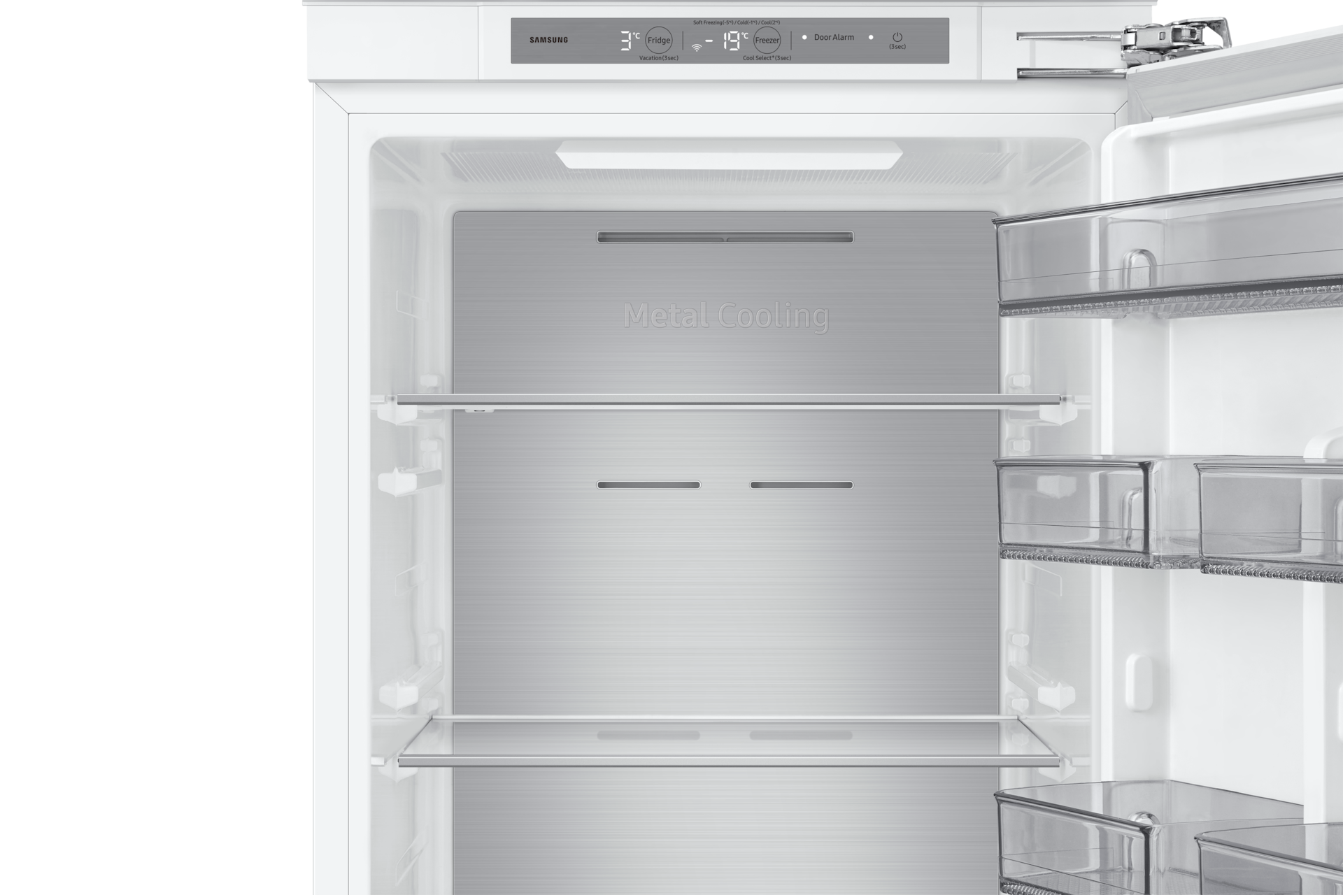 Wnętrzne lodówki do zabudowy AI z dolnym zamrażalnikiem BRB80F26BDF0EO, widok na górne półki