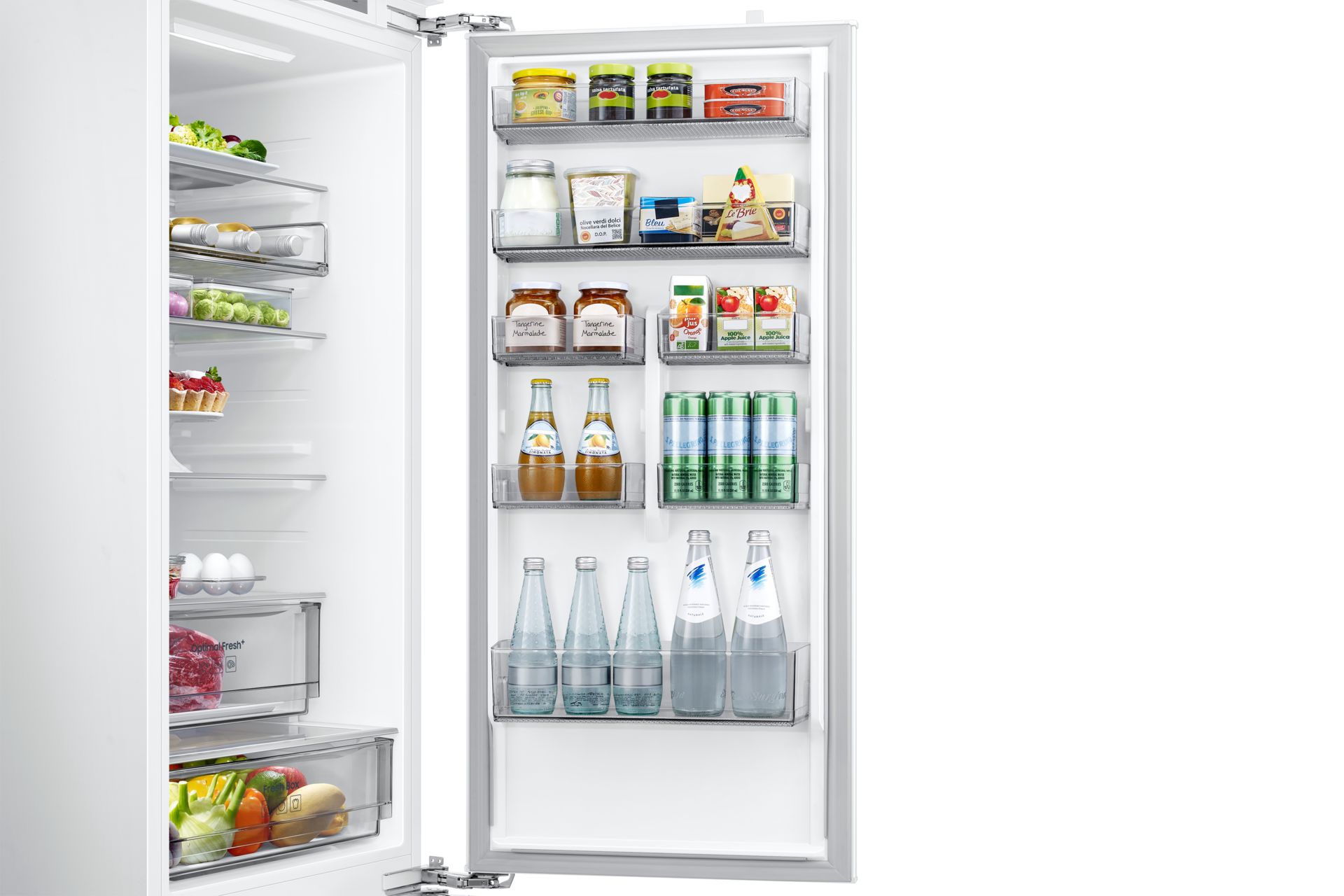 Lodówka do zabudowy AI z dolnym zamrażalnikiem biała BRB80F30AES0EO, widok na półki na drzwiach lodówki