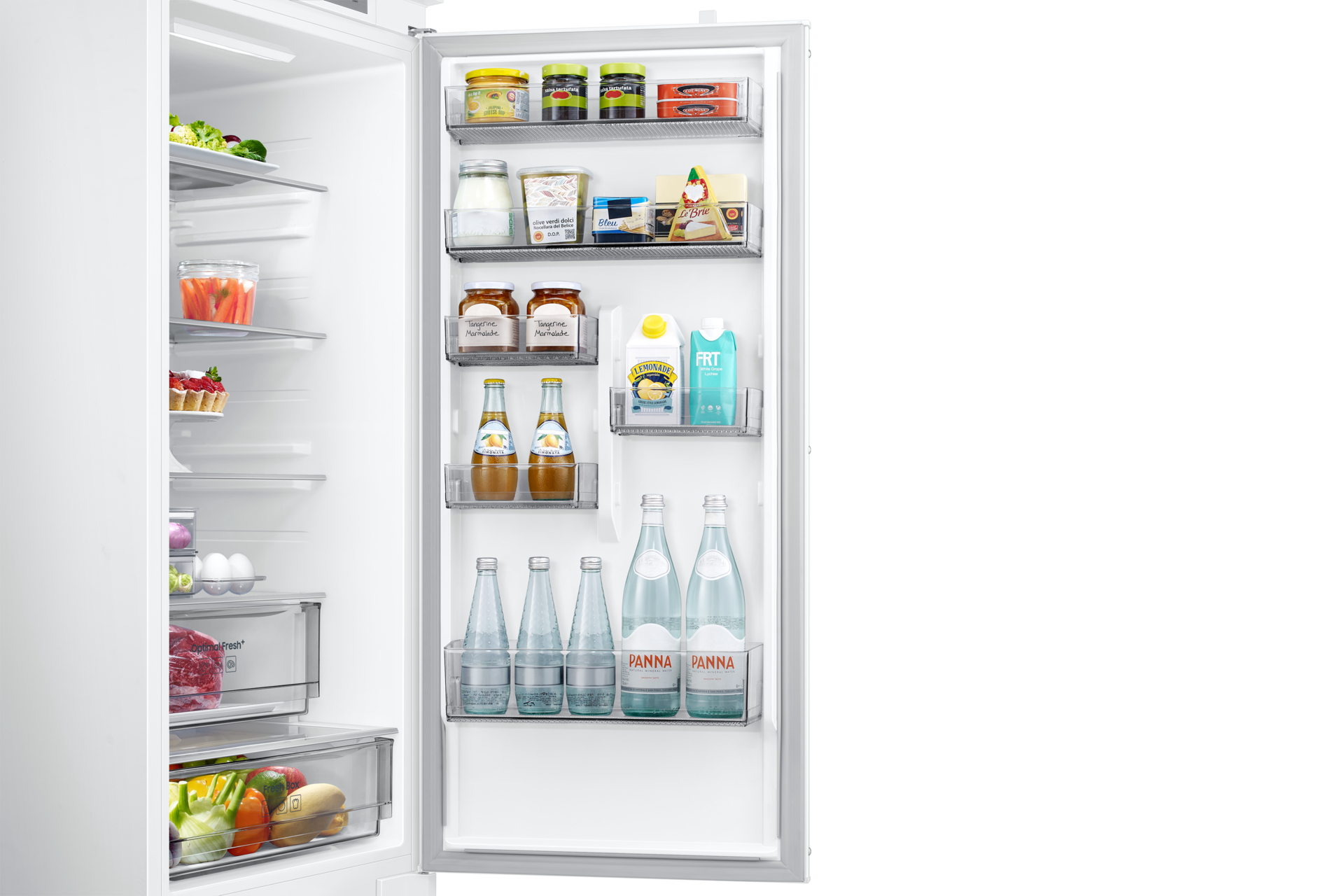 Lodówka do zabudowy AI z dolnym zamrażalnikiem biała BRB80F30BDS0EO, widok na półki na drzwiach lodówki