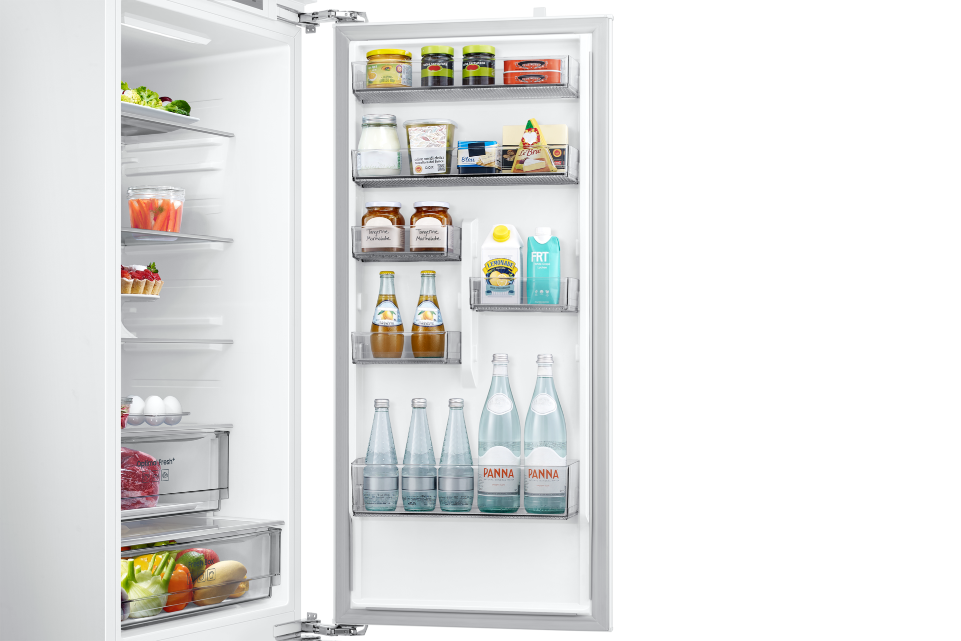 Lodówka do zabudowy AI z dolnym zamrażalnikiem biała BRB80F30BEF0EO, widok na półki na drzwiach lodówki