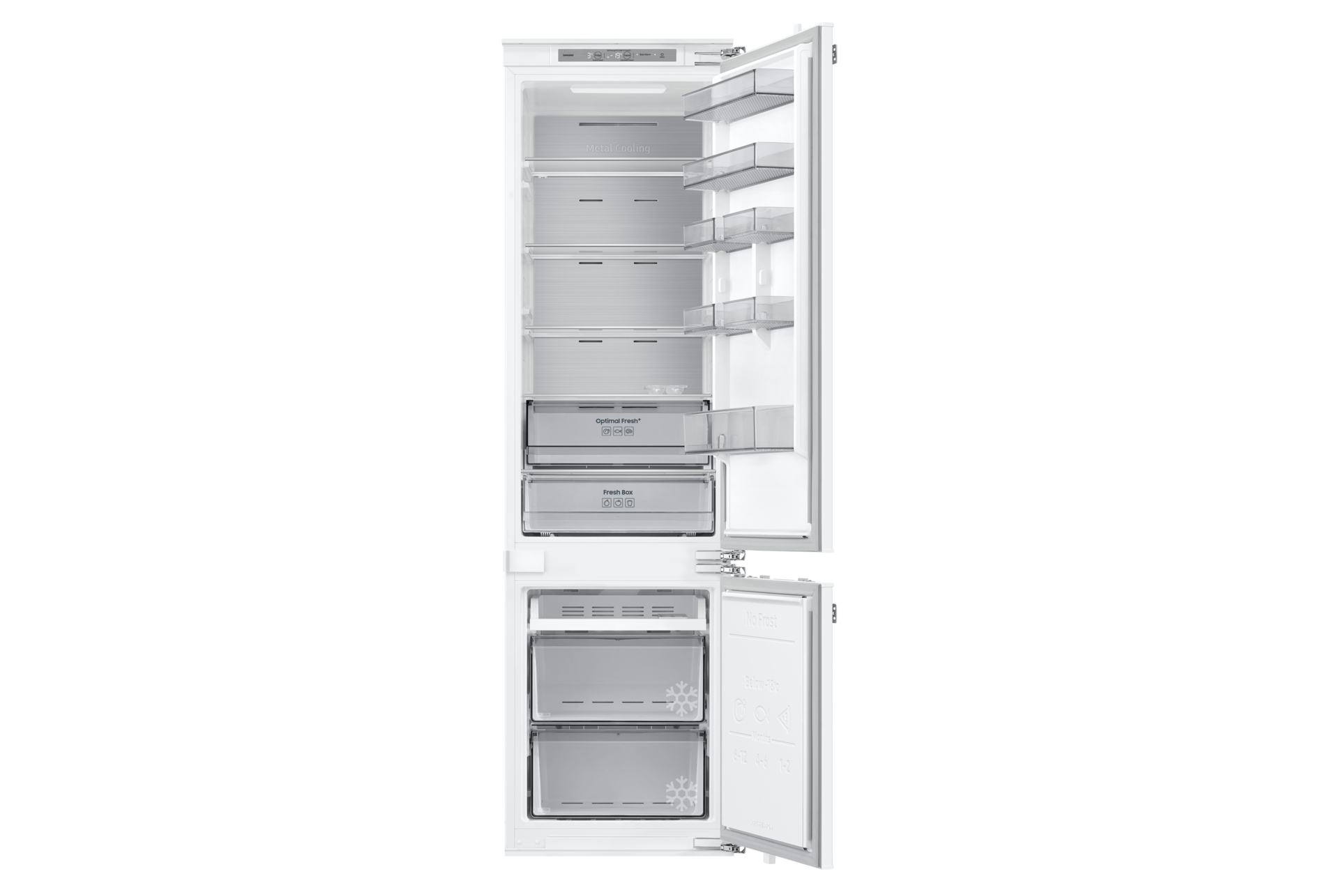 Lodówka do zabudowy AI z dolnym zamrażalnikiem biała BRB80F30BEF0EO z otwartymi drzwiczkami
