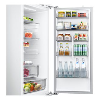 Lodówka do zabudowy AI z dolnym zamrażalnikiem biała BRB80F30BEF0EO, widok na półki na drzwiach lodówki