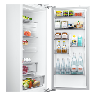 Lodówka do zabudowy AI z dolnym zamrażalnikiem biała BRB80F30BEF0EO, widok na półki na drzwiach lodówki