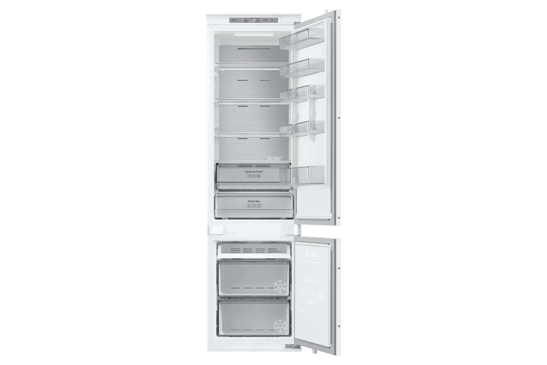 Lodówka do zabudowy AI z dolnym zamrażalnikiem biała BRB80F30BES0EO z otwartymi drzwiczkami