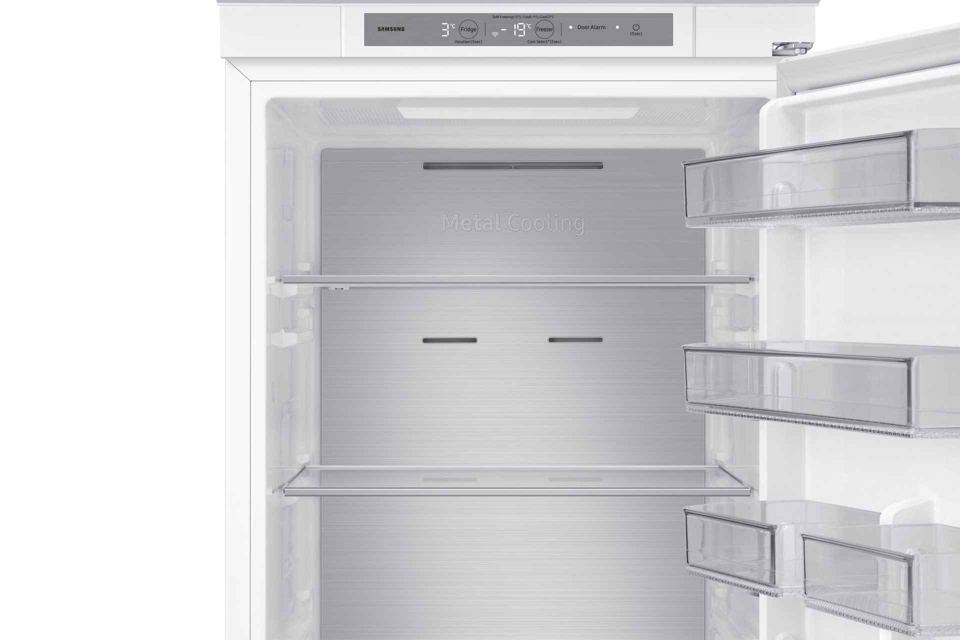 Wnętrze lodówki do zabudowy AI z dolnym zamrażalnikiem BRB80F30BES0EO, widok na górne półki