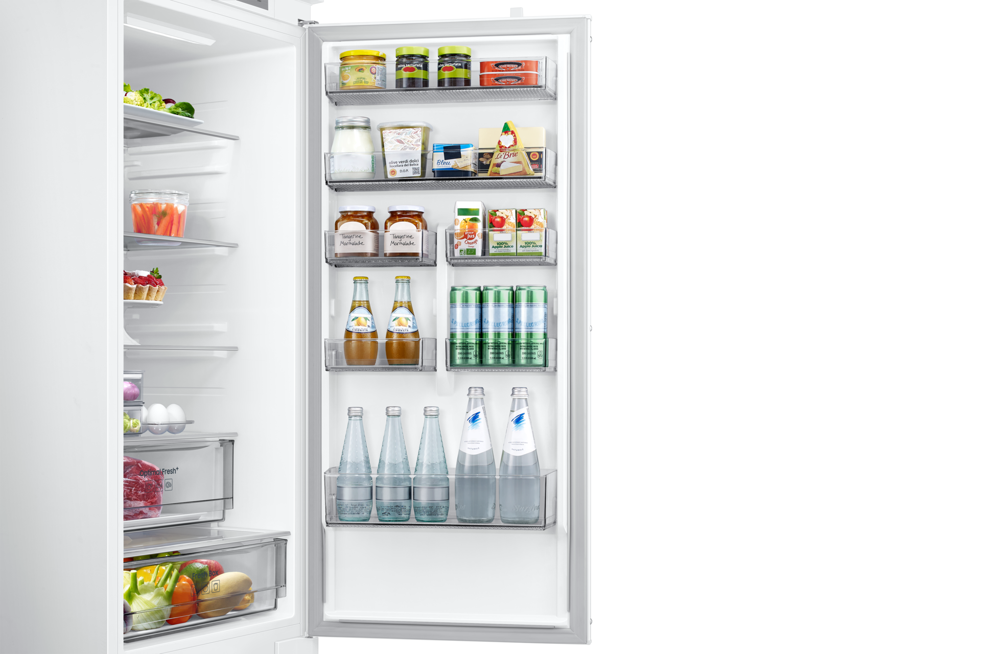 Lodówka do zabudowy AI z dolnym zamrażalnikiem biała BRB80F30BES0EO, widok na półki na drzwiach lodówki