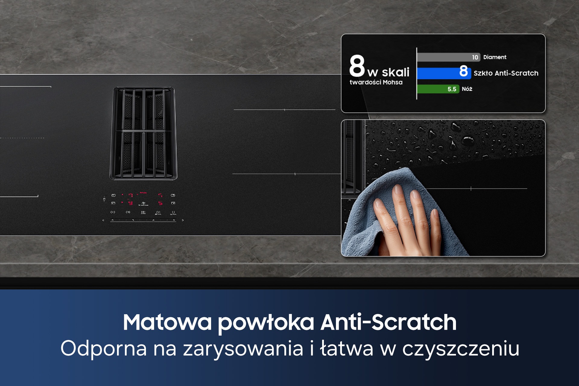CC90H84PADUR Matowa płyta indukcyjna Anti Scratch zintegrowana z wyciągiem 7.4kW 80 cm Czarny