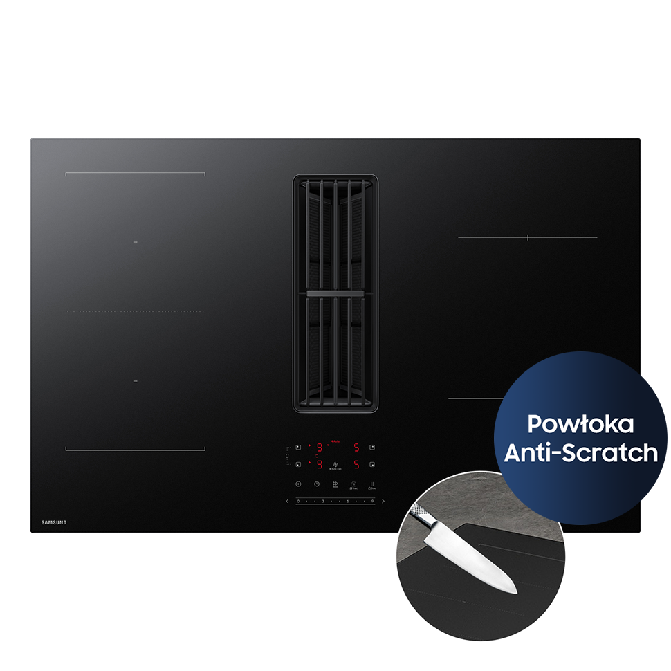 Matowa płyta indukcyjna Anti Scratch zintegrowana z wyciągiem ze znaczkiem z ostrym nożem oraz napisem "Powłoka Anti-Scratch".