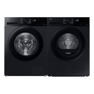 Czarna suszarka do prania widziana przodem OptimalDry DV90CGC2A0AB stojąca obok czarnej pralki Samsung