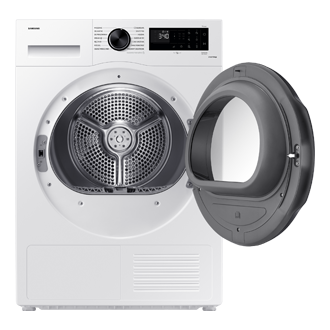 Biała suszarka do prania widziana przodem OptimalDry DV90CGC2A0AE widziana przodem z otwartymi drzwiami