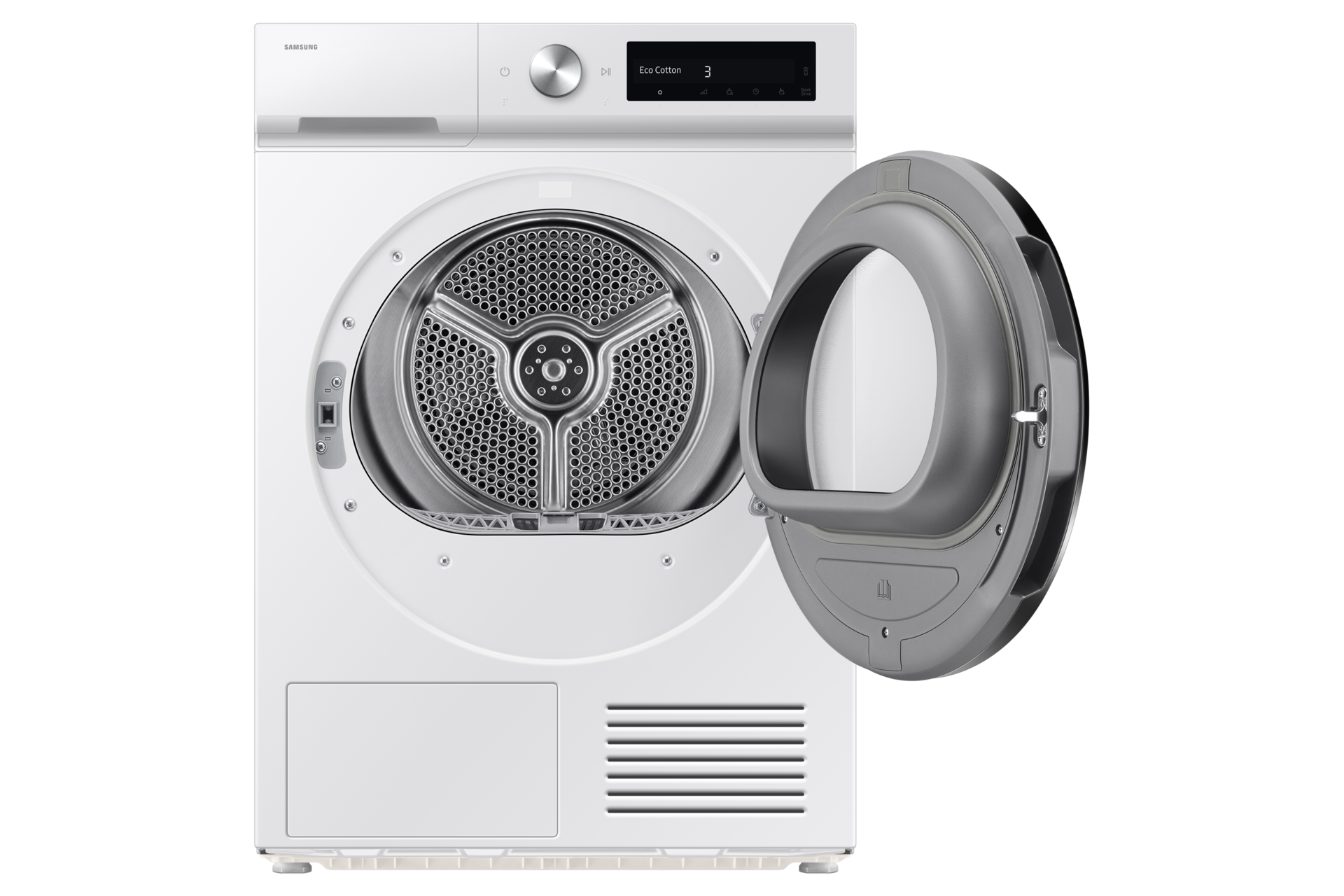 Biała suszarka Bespoke AI 9kg z technologią OptimalDry, widok z przodu z otwartymi drzwiczkami.