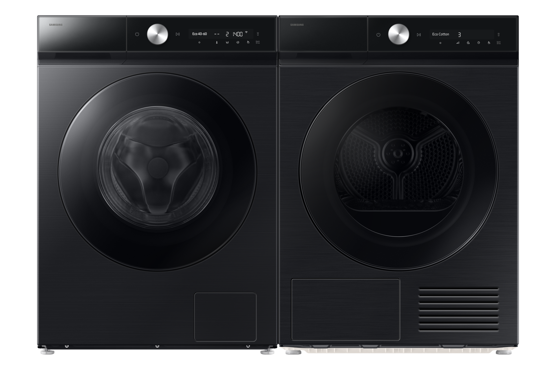 Czarna suszarka Bespoke AI 9kg z technologią SilentDry oraz pralka Bespoke AI, ustawione obok siebie