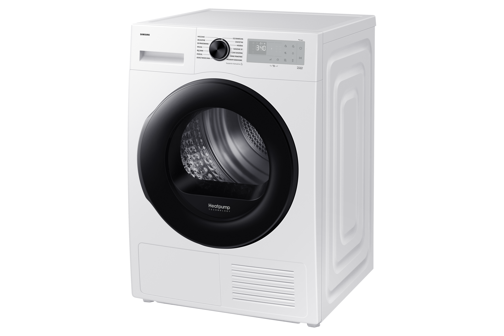 Biała suszarka Samsung 9kg DV90DG52A0AHEO z technologią OptimalDry,lewy bok