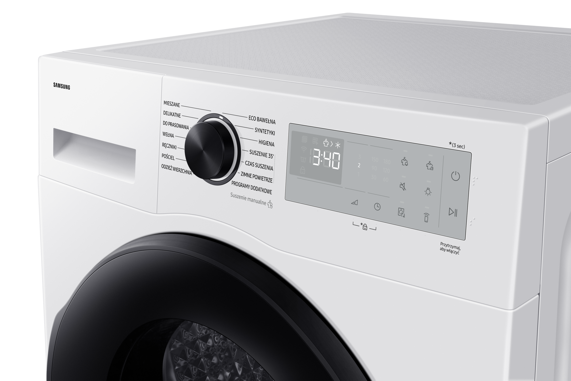 Biała suszarka Samsung DV90DG52A0AHEO z technologią OptimalDry, widok z przodu, ukazująca eleganckie białe wykończenie oraz panel sterowania z czytelnym wyświetlaczem.