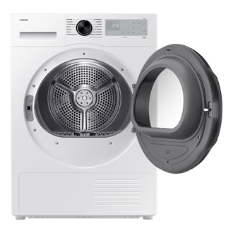 Biała suszarka DV90DG52A0AHEO z technologią OptimalDry, widok z przodu, z otwartymi drzwiami, ukazująca wnętrze bębna przeznaczonego do suszenia ubrań.