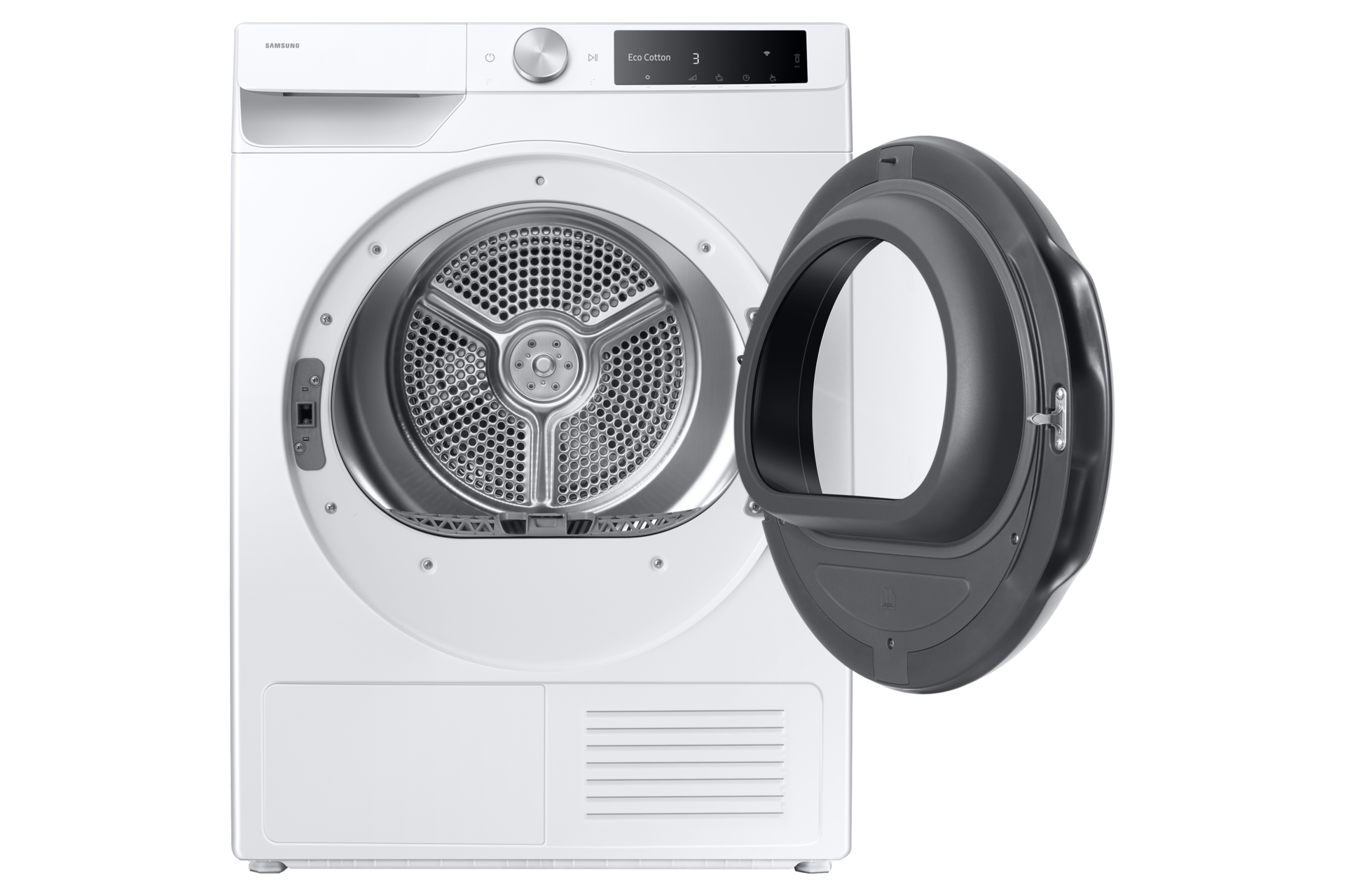 Biała suszarka AI 9kg z technologią OptimalDry DV90DG6845LEU4, widok z przodu z otwartymi drzwiczkami.