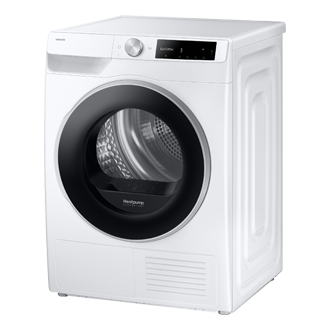 Biała suszarka AI 9kg z technologią OptimalDry DV90DG6845LEU4, widok skosem w lewo.