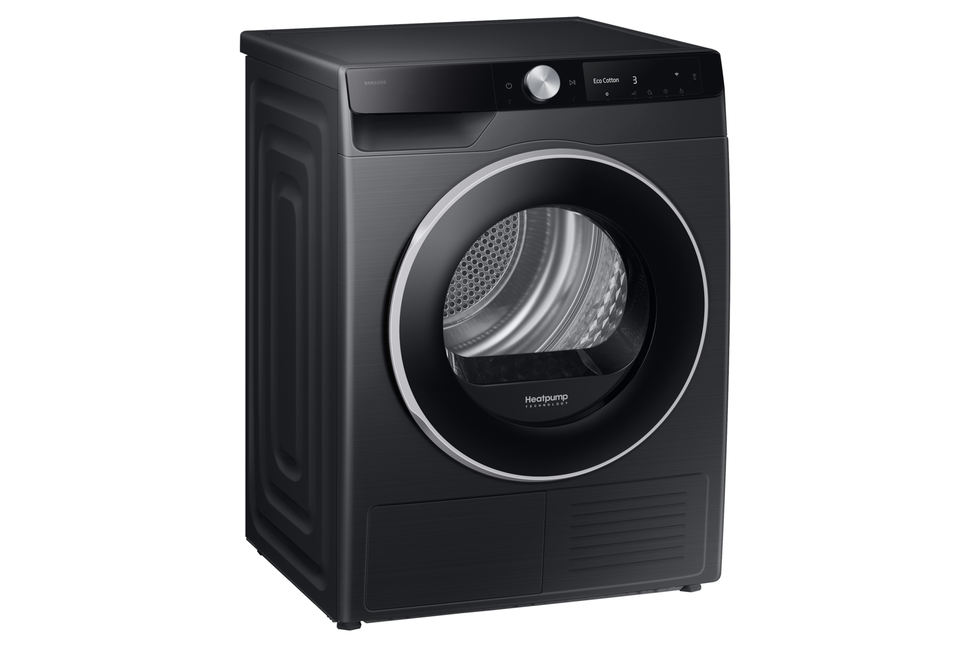 Czarna suszarka AI 9kg z technologią OptimalDry DV9XDG6845LBU4, widok skosem w prawo.