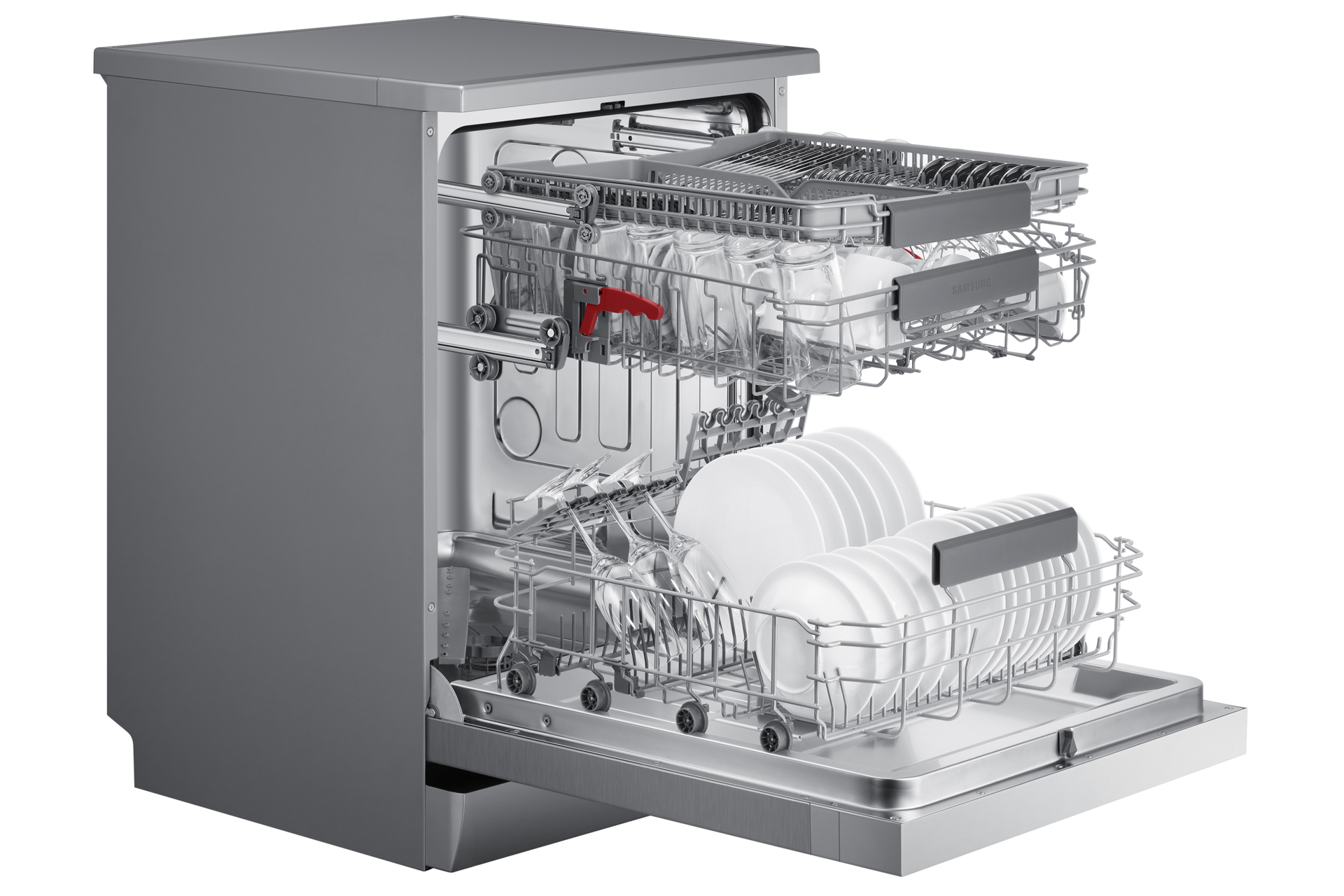 Zdjęcie obrazuje wysunięte kosze wraz z przykładowymi naczyniami w zmywarce Samsung wolnostojącej DW60A6092FS/EO.