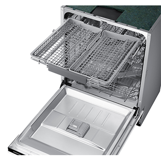 Zbliżenie na szufladę dedykowaną dla sztućców w zmywarce w zabudowie 60 cm Samsung DW60A6092IB/EO.