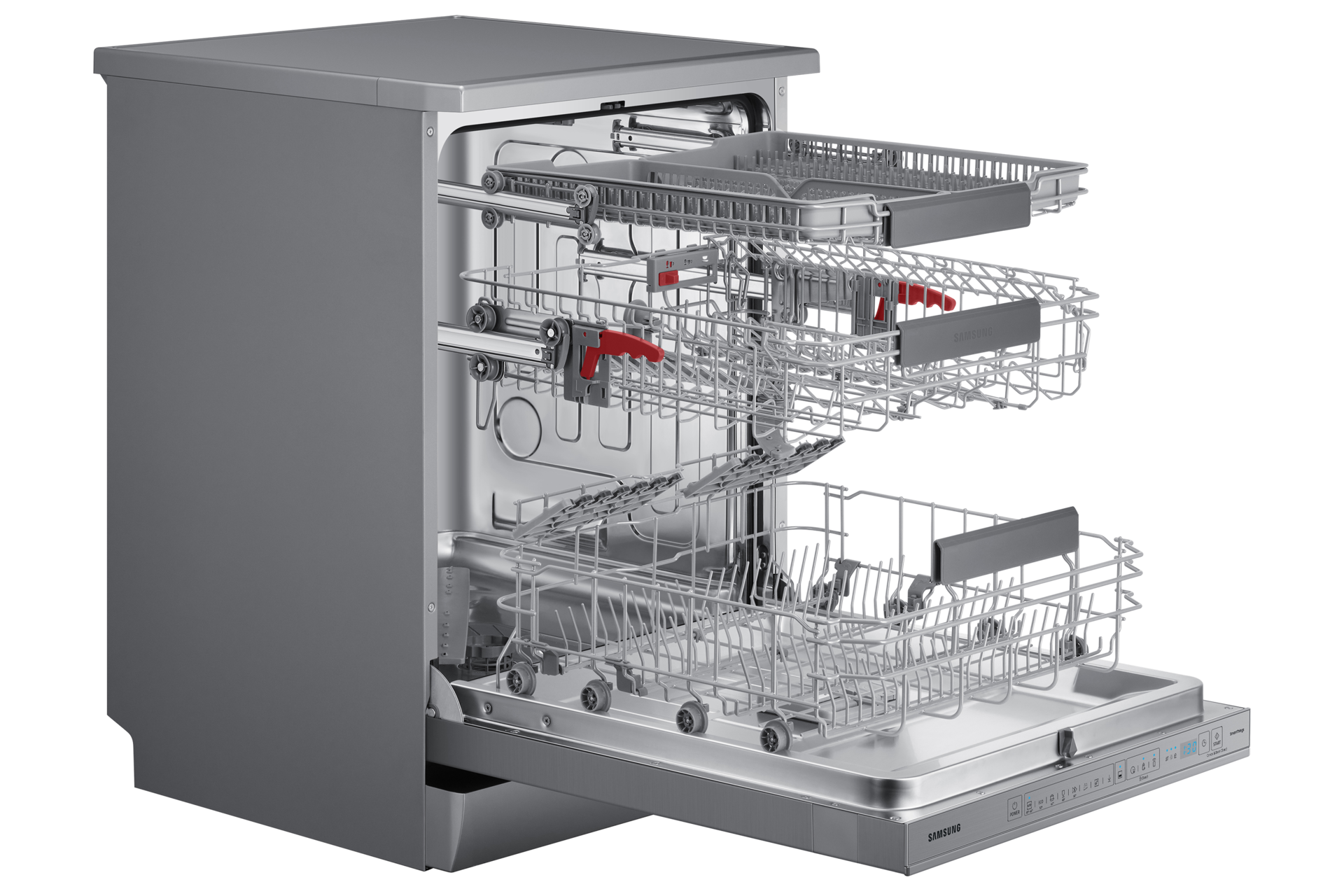 Na tym zdjęciu widzimy, jak zmywarka do naczyń Samsung DW60A8050FS/EO wygląda z w pełni rozsuniętymi szufladami.