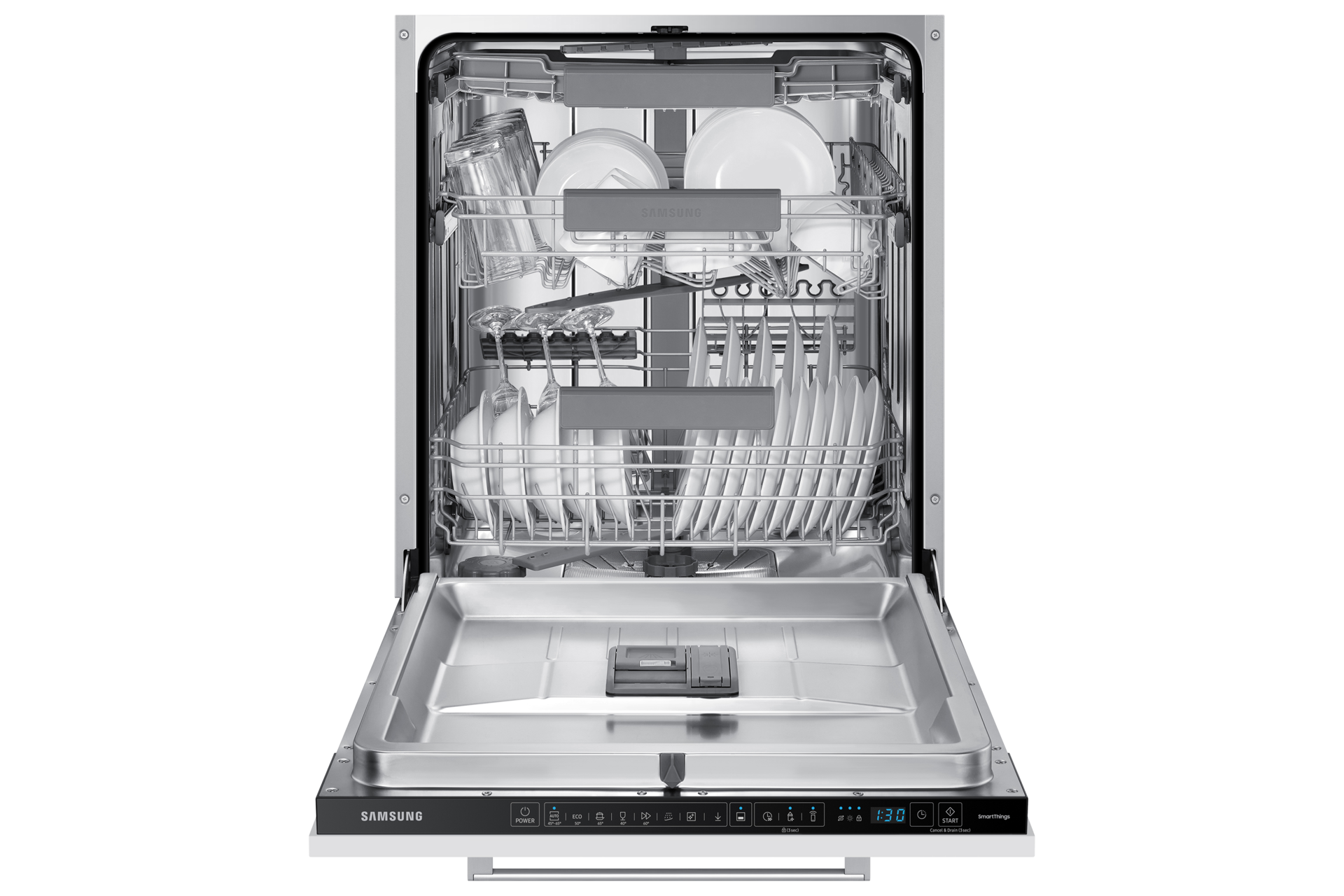 Samsung zmywarka DW60A8060BB/EO z załadowanymi naczyniami.