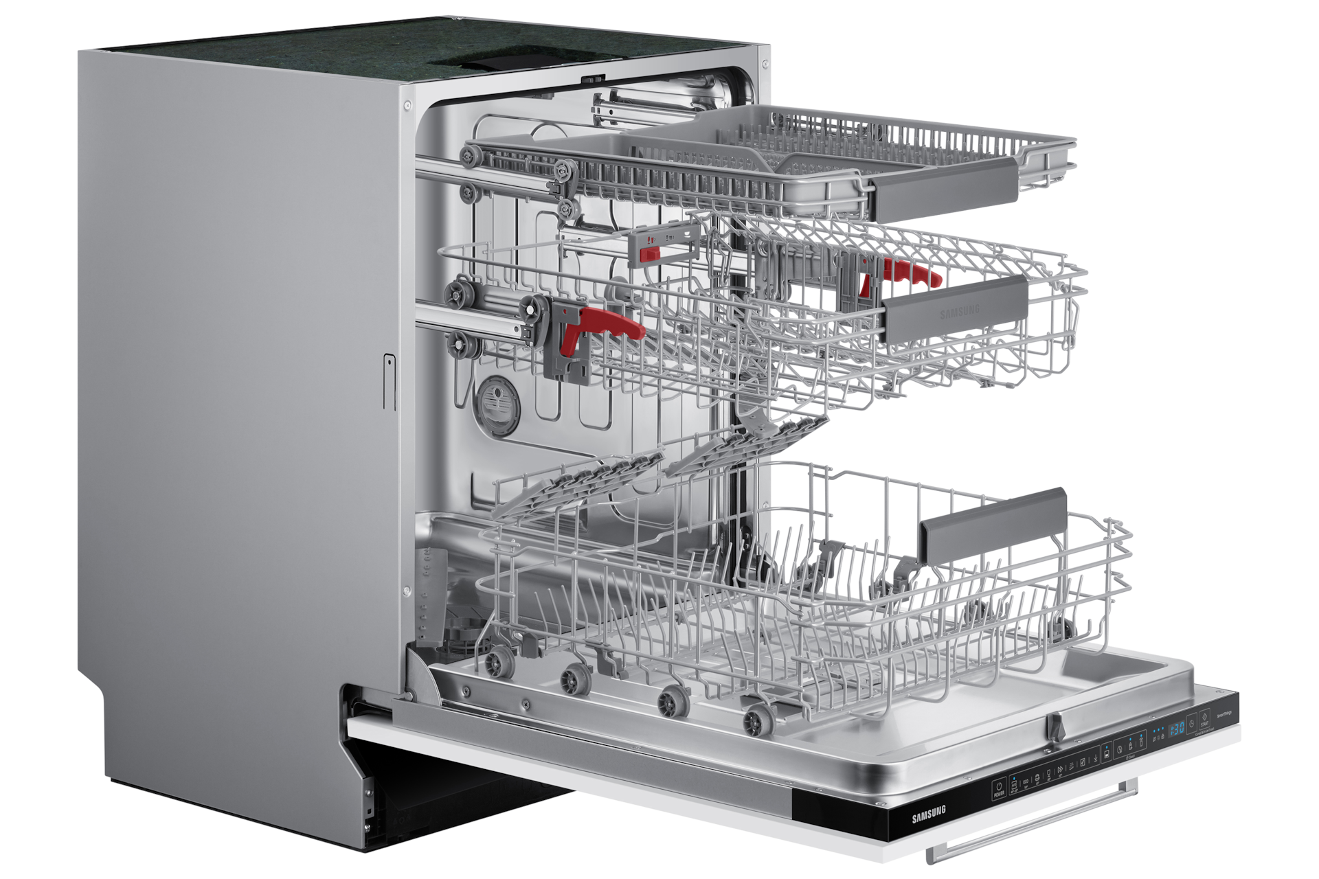 To zdjęcie to dokładna perspektywa na to, jak wysuwają się szuflady, jakie ma zmywarka do naczyń Samsung DW60A8060IB/EO.
