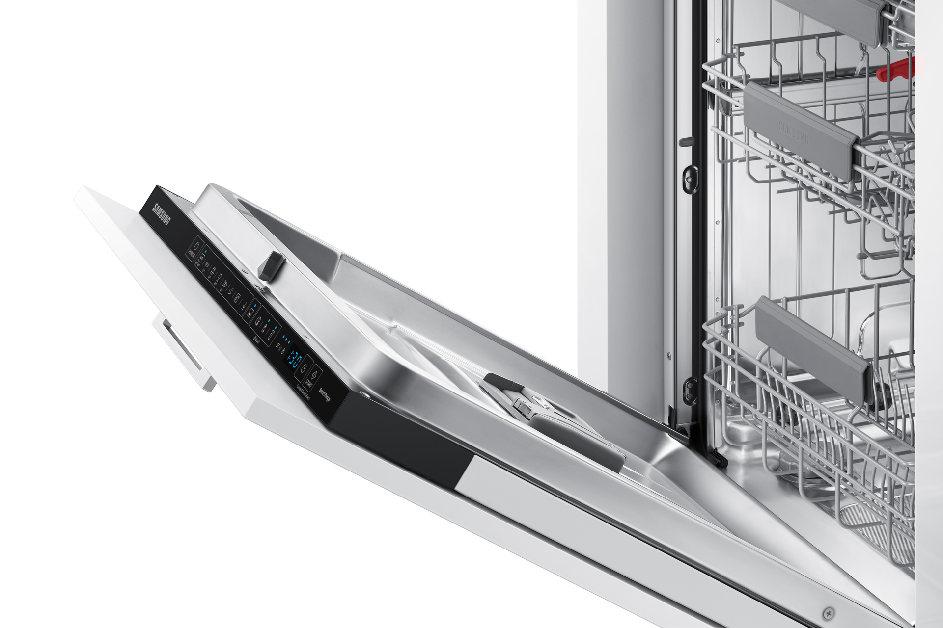 To zdjęcie to zbliżenie na bok drzwi, w jakie została wyposażona zmywarka do naczyń 60 cm Samsung DW60A8060IB/EO.