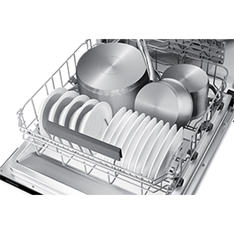 To zdjęcie prezentuje nam przykładowe ułożenie naczyń, jakie może zmieścić zmywarka do naczyń 60 centymetrów Samsung DW60A8060IB/EO.